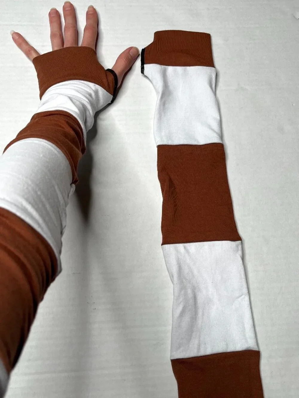 Long Striped Gloves Brown Hand Warmers White Armwarmers Cotton Patchwork Sleeves